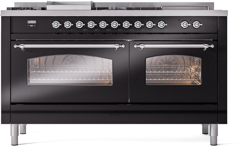 ILVE Nostalgie II 60" Dual Fuel Natural Gas Range in Glossy Black with Chrome Trim, UP60FSNMPBKC