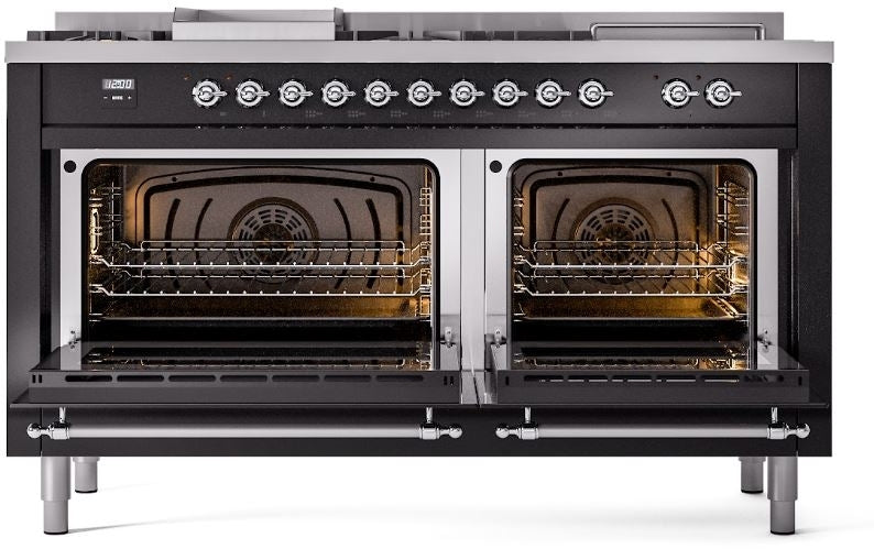 ILVE Nostalgie II 60" Dual Fuel Natural Gas Range in Glossy Black with Chrome Trim, UP60FSNMPBKC