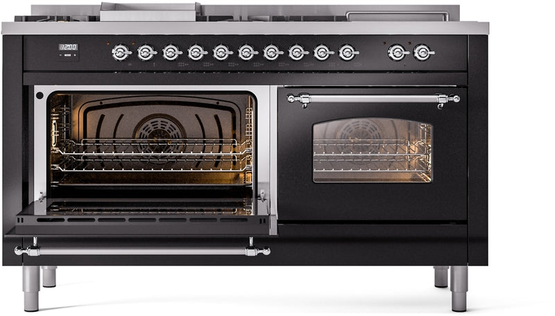 ILVE Nostalgie II 60" Dual Fuel Natural Gas Range in Glossy Black with Chrome Trim, UP60FSNMPBKC