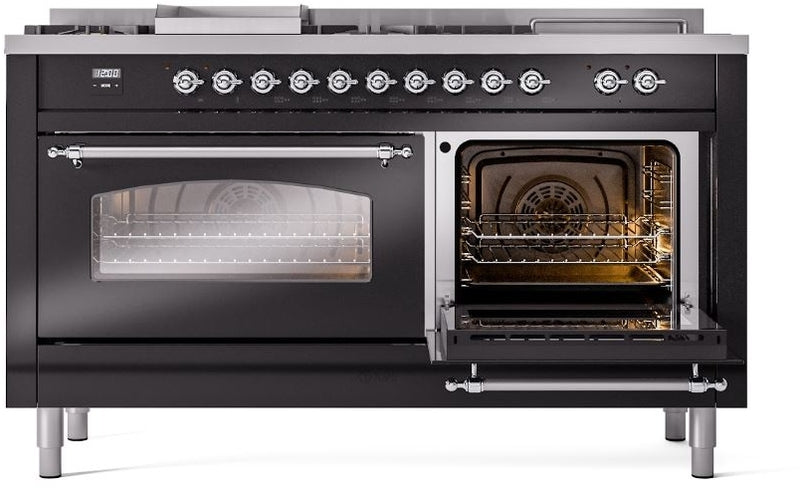 ILVE Nostalgie II 60" Dual Fuel Natural Gas Range in Glossy Black with Chrome Trim, UP60FSNMPBKC