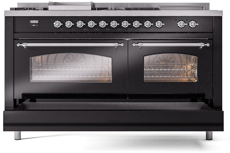 ILVE Nostalgie II 60" Dual Fuel Natural Gas Range in Glossy Black with Chrome Trim, UP60FSNMPBKC