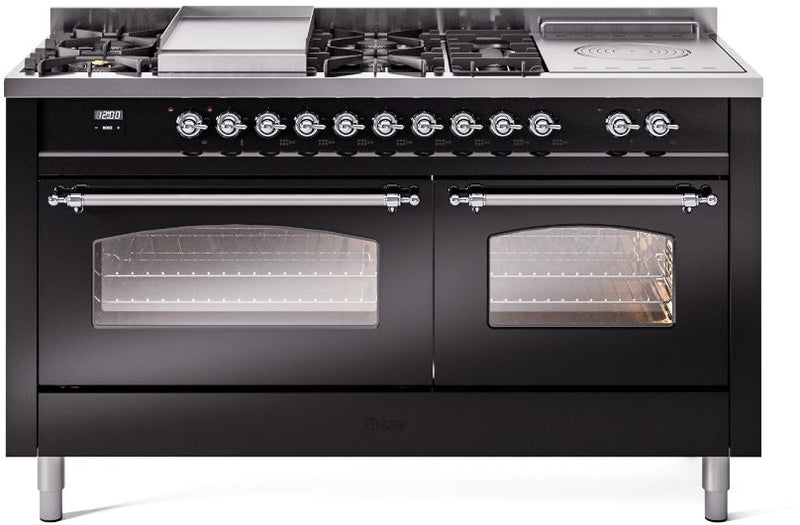 ILVE Nostalgie II 60" Dual Fuel Natural Gas Range in Glossy Black with Chrome Trim, UP60FSNMPBKC