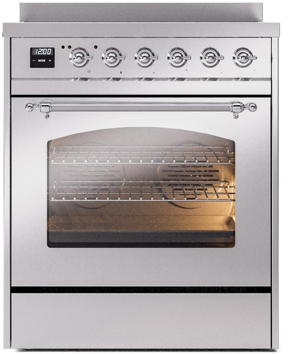 ILVE Nostalgie II 30" Induction Range with Element Stove and Electric Oven in Stainless Steel with Chrome Trim, UPI304NMPSSC