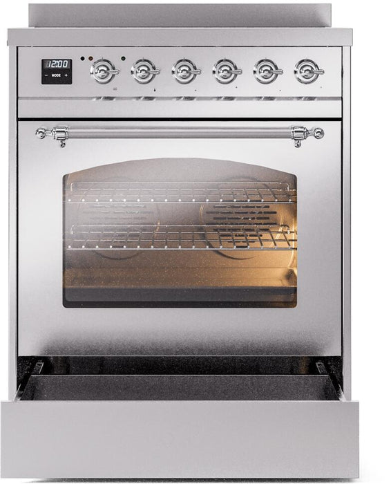 ILVE Nostalgie II 30" Induction Range with Element Stove and Electric Oven in Stainless Steel with Chrome Trim, UPI304NMPSSC