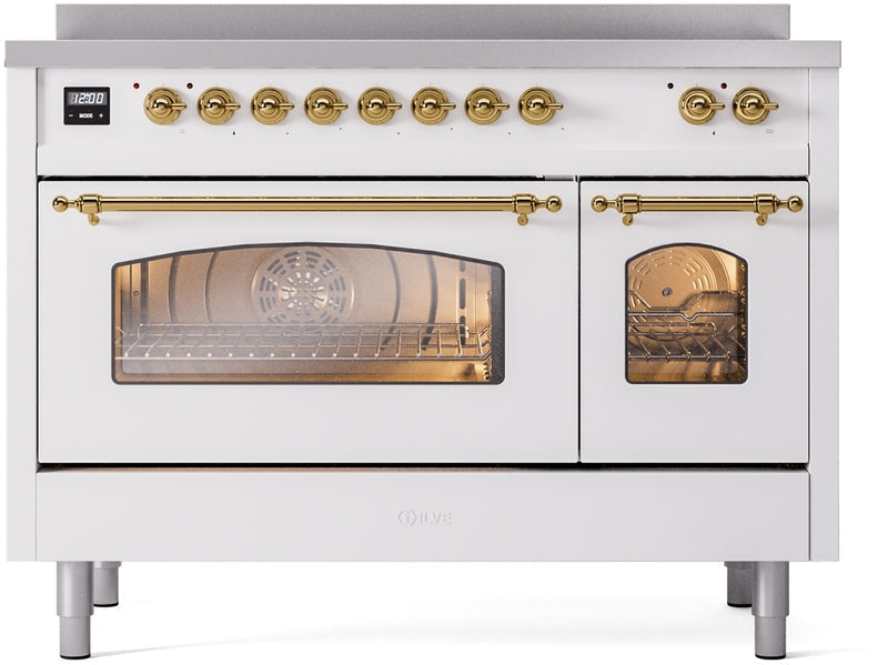 ILVE Nostalgie II 48" Induction Range with Element Stove and Electric Oven in White with Brass Trim, UPI486NMPWHG