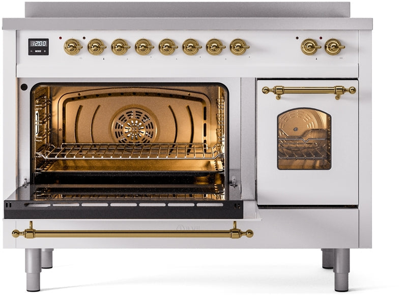 ILVE Nostalgie II 48" Induction Range with Element Stove and Electric Oven in White with Brass Trim, UPI486NMPWHG