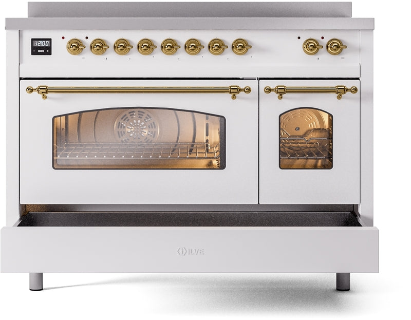 ILVE Nostalgie II 48" Induction Range with Element Stove and Electric Oven in White with Brass Trim, UPI486NMPWHG