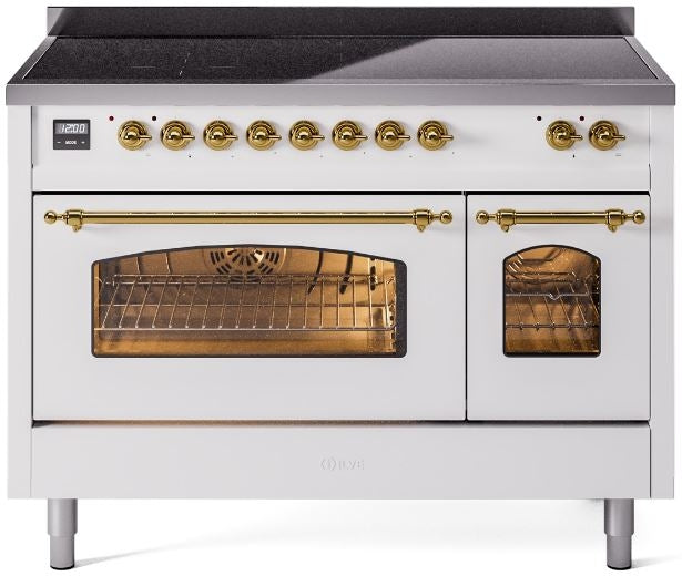 ILVE Nostalgie II 48" Induction Range with Element Stove and Electric Oven in White with Brass Trim, UPI486NMPWHG