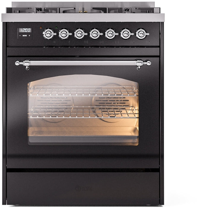 ILVE Nostalgie II 30" Dual Fuel Natural Gas Range in Black with Chrome Trim, UP30NMPBKC