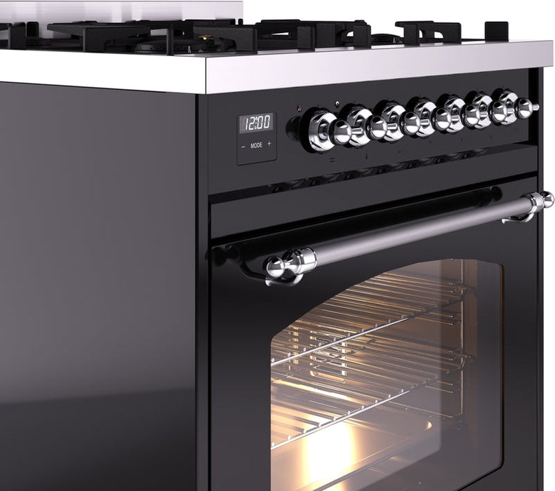 ILVE Nostalgie II 30" Dual Fuel Natural Gas Range in Black with Chrome Trim, UP30NMPBKC