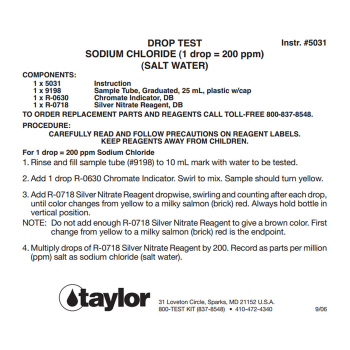 Taylor K-1766 Liquid Swimming Pool Spa Sodium Chloride Salt Water Drop Test Kit