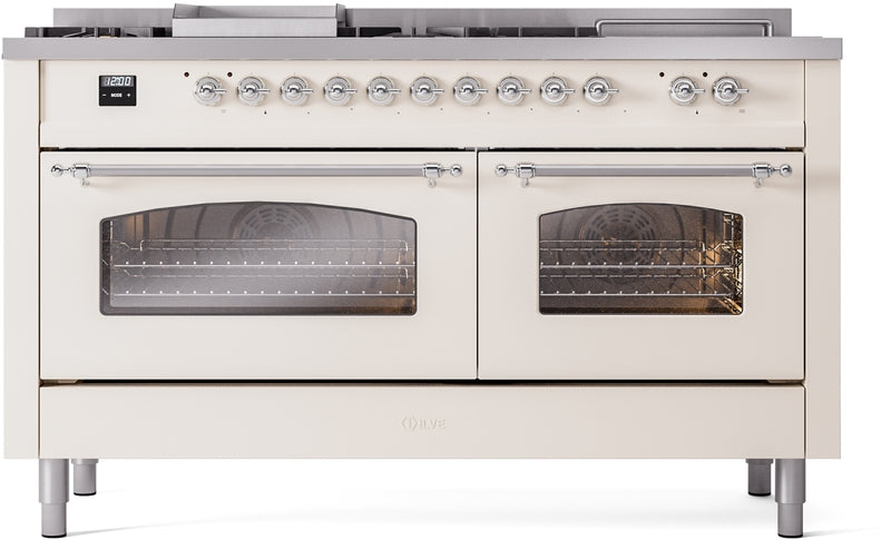 ILVE Nostalgie II 60" Dual Fuel Propane Gas Range in Antique White with Chrome Trim, UP60FSNMPAWCLP