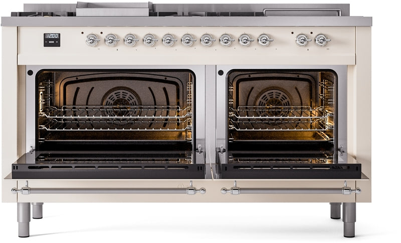 ILVE Nostalgie II 60" Dual Fuel Propane Gas Range in Antique White with Chrome Trim, UP60FSNMPAWCLP