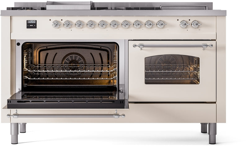 ILVE Nostalgie II 60" Dual Fuel Propane Gas Range in Antique White with Chrome Trim, UP60FSNMPAWCLP