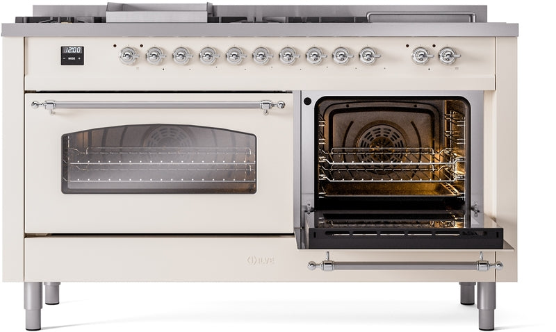 ILVE Nostalgie II 60" Dual Fuel Propane Gas Range in Antique White with Chrome Trim, UP60FSNMPAWCLP