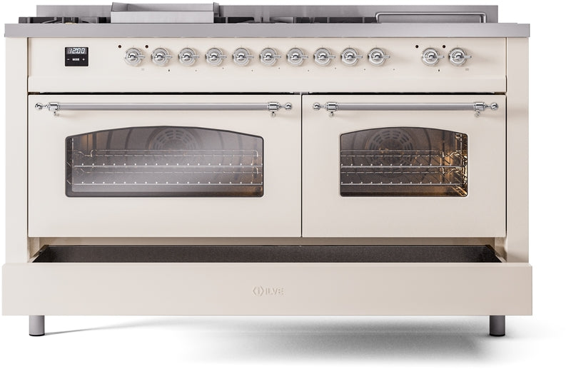 ILVE Nostalgie II 60" Dual Fuel Propane Gas Range in Antique White with Chrome Trim, UP60FSNMPAWCLP