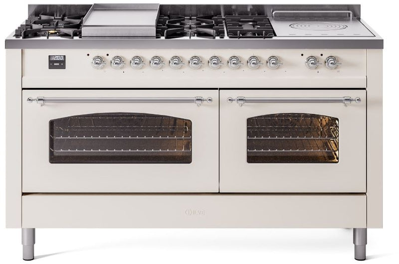 ILVE Nostalgie II 60" Dual Fuel Propane Gas Range in Antique White with Chrome Trim, UP60FSNMPAWCLP