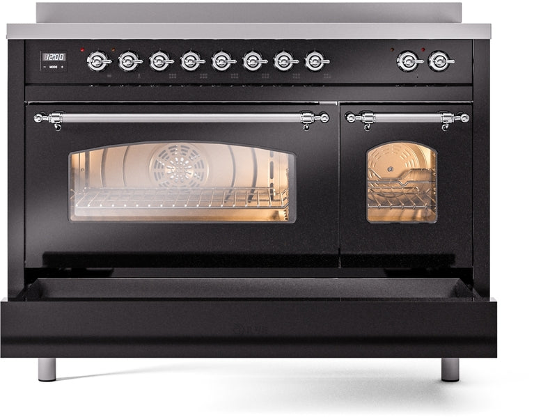 ILVE Nostalgie II 48" Induction Range with Element Stove and Electric Oven in Black with Chrome Trim, UPI486NMPBKC