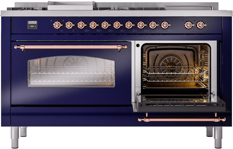 ILVE Nostalgie II 60" Dual Fuel Propane Gas Range in Blue with Copper Trim, UP60FSNMPMBPLP