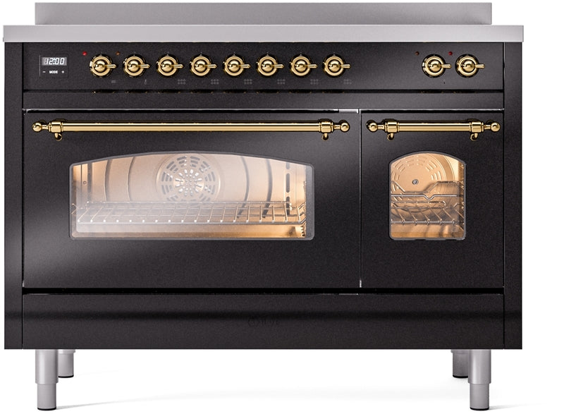 ILVE Nostalgie II 48" Induction Range with Element Stove and Electric Oven in Black with Brass Trim, UPI486NMPBKG