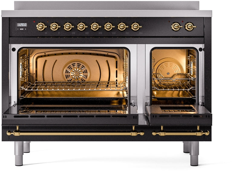 ILVE Nostalgie II 48" Induction Range with Element Stove and Electric Oven in Black with Brass Trim, UPI486NMPBKG