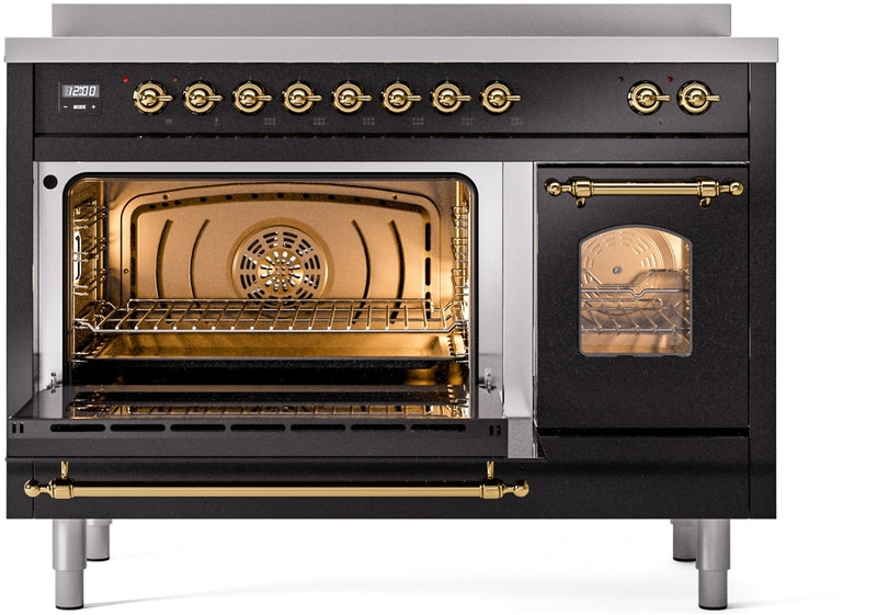 ILVE Nostalgie II 48" Induction Range with Element Stove and Electric Oven in Black with Brass Trim, UPI486NMPBKG