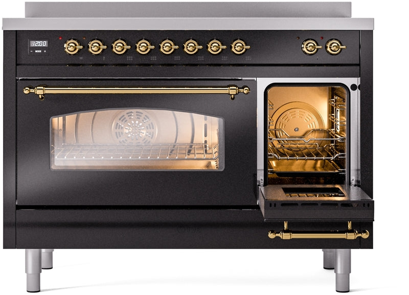 ILVE Nostalgie II 48" Induction Range with Element Stove and Electric Oven in Black with Brass Trim, UPI486NMPBKG