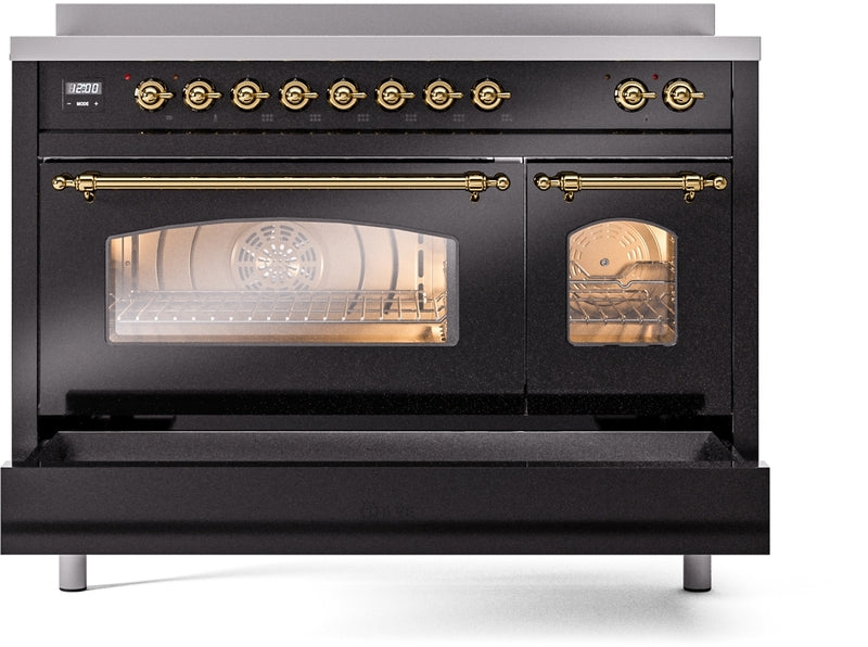 ILVE Nostalgie II 48" Induction Range with Element Stove and Electric Oven in Black with Brass Trim, UPI486NMPBKG