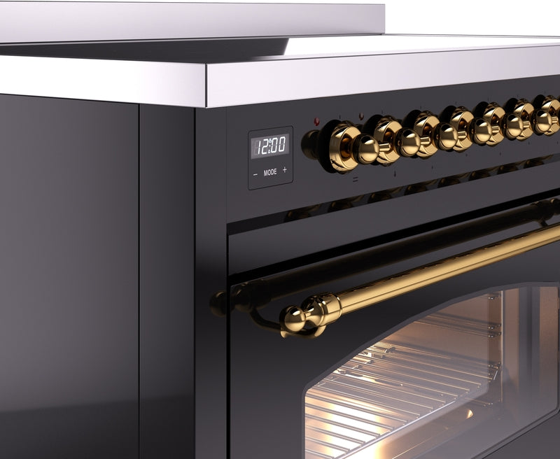 ILVE Nostalgie II 48" Induction Range with Element Stove and Electric Oven in Black with Brass Trim, UPI486NMPBKG