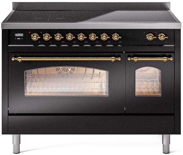 ILVE Nostalgie II 48" Induction Range with Element Stove and Electric Oven in Black with Brass Trim, UPI486NMPBKG