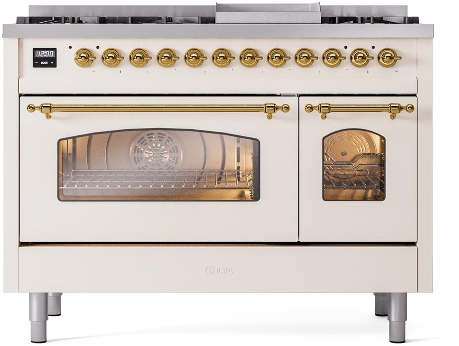 ILVE Nostalgie II 48" Dual Fuel Natural Gas Range in Antique White with Brass Trim, UP48FNMPAWG