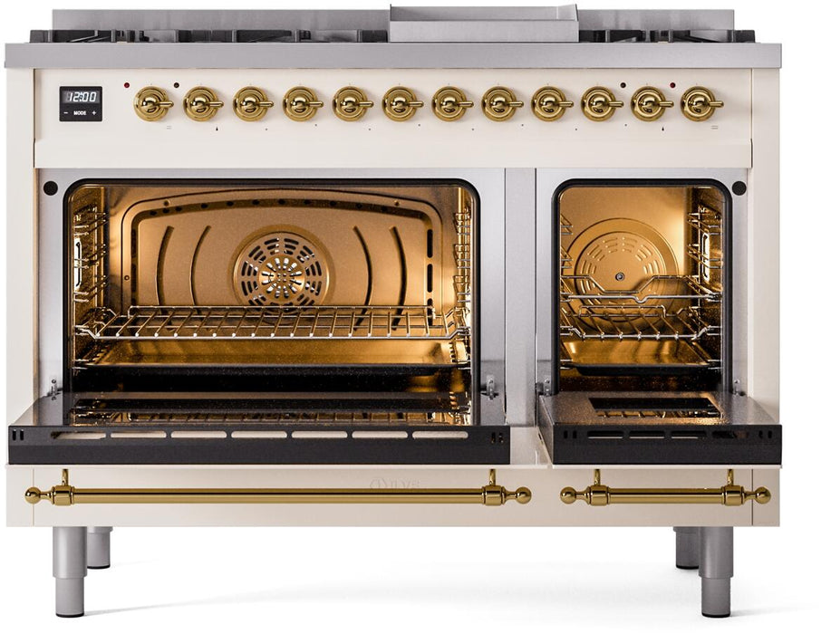 ILVE Nostalgie II 48" Dual Fuel Natural Gas Range in Antique White with Brass Trim, UP48FNMPAWG