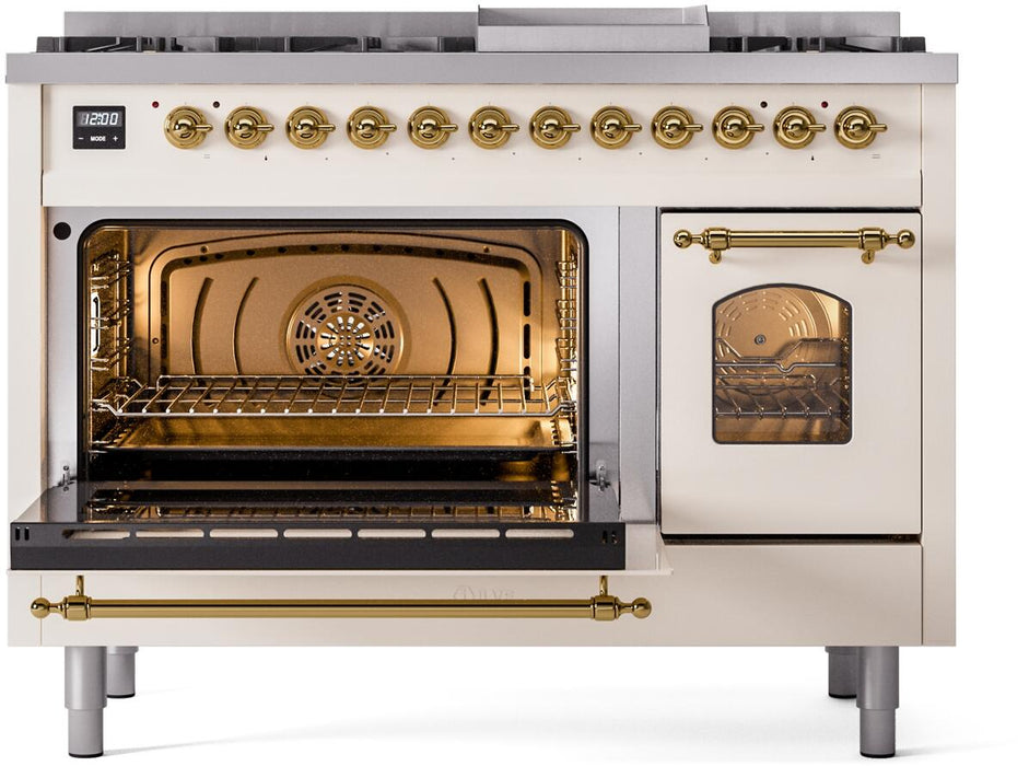 ILVE Nostalgie II 48" Dual Fuel Natural Gas Range in Antique White with Brass Trim, UP48FNMPAWG