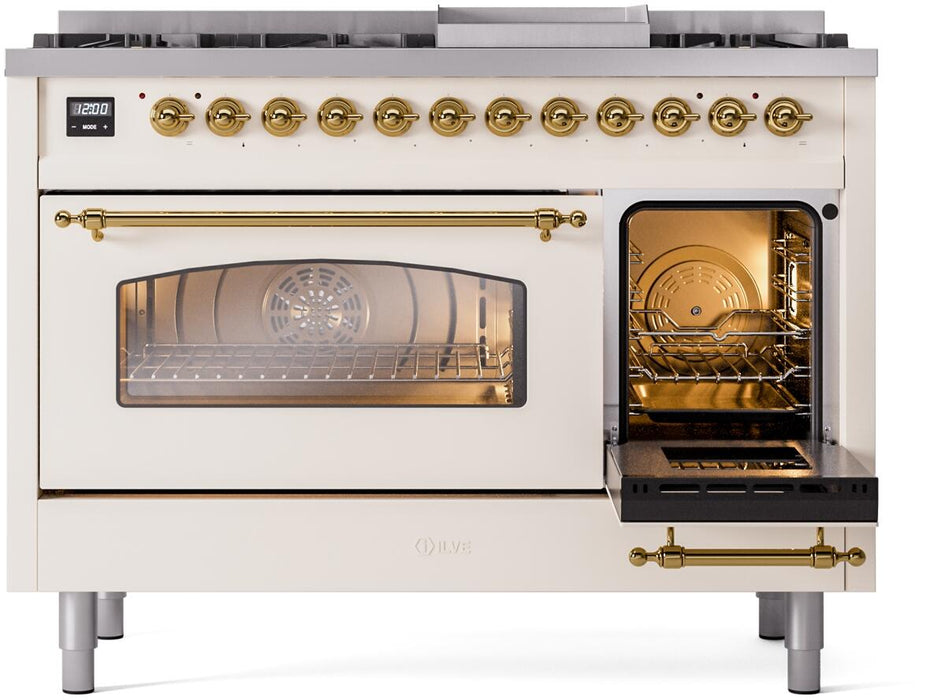 ILVE Nostalgie II 48" Dual Fuel Natural Gas Range in Antique White with Brass Trim, UP48FNMPAWG