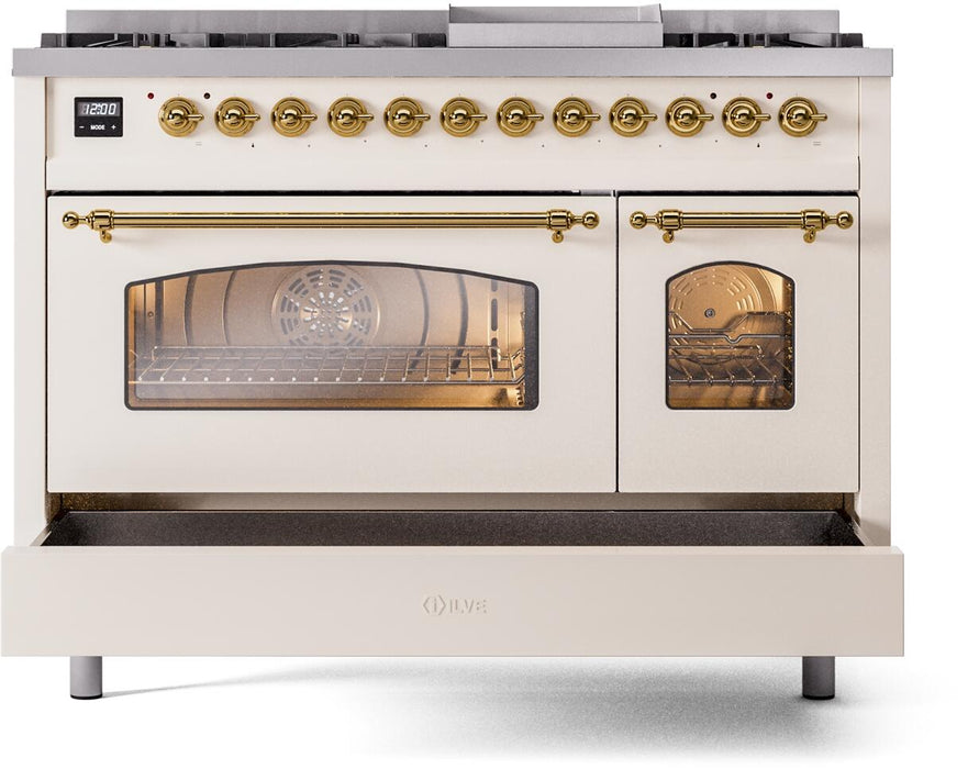 ILVE Nostalgie II 48" Dual Fuel Natural Gas Range in Antique White with Brass Trim, UP48FNMPAWG