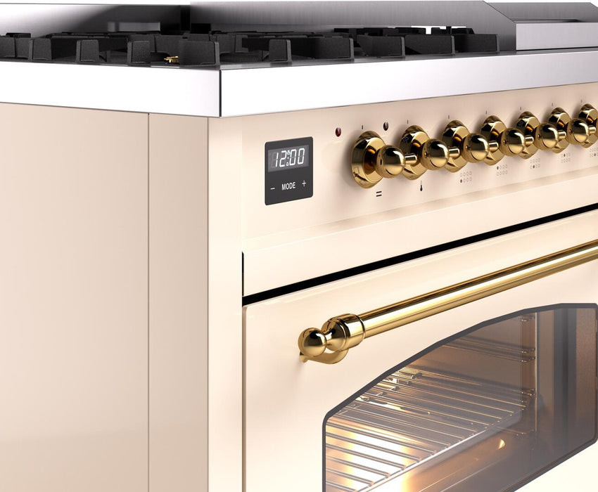 ILVE Nostalgie II 48" Dual Fuel Natural Gas Range in Antique White with Brass Trim, UP48FNMPAWG