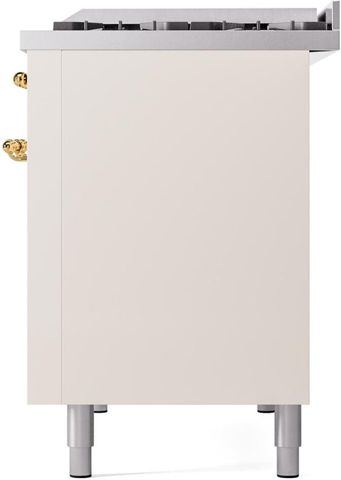 ILVE Nostalgie II 48" Dual Fuel Natural Gas Range in Antique White with Brass Trim, UP48FNMPAWG