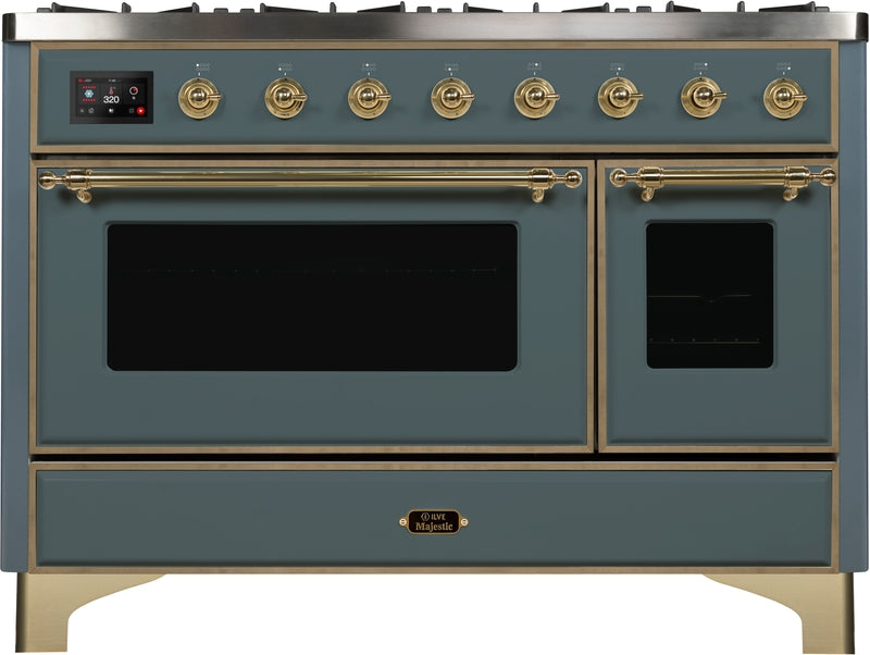 ILVE Majestic II 48" Dual Fuel Natural Gas Range in Blue Grey with Brass Trim, UM12FDNS3BGG