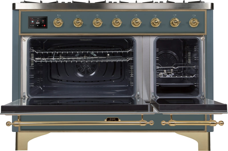 ILVE Majestic II 48" Dual Fuel Natural Gas Range in Blue Grey with Brass Trim, UM12FDNS3BGG