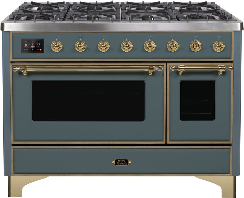 ILVE Majestic II 48" Dual Fuel Natural Gas Range in Blue Grey with Brass Trim, UM12FDNS3BGG