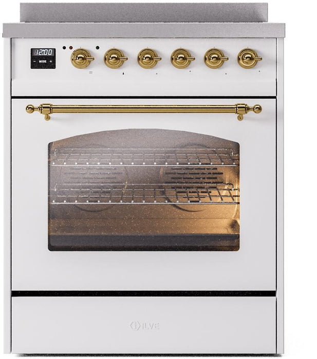 ILVE Nostalgie II 30" Induction Range with Element Stove and Electric Oven in White with Brass Trim, UPI304NMPWHG