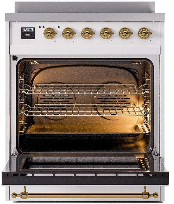 ILVE Nostalgie II 30" Induction Range with Element Stove and Electric Oven in White with Brass Trim, UPI304NMPWHG