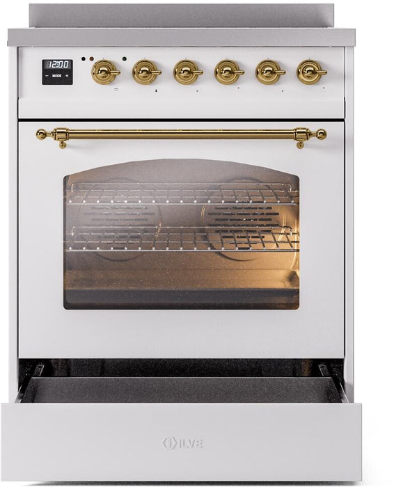 ILVE Nostalgie II 30" Induction Range with Element Stove and Electric Oven in White with Brass Trim, UPI304NMPWHG