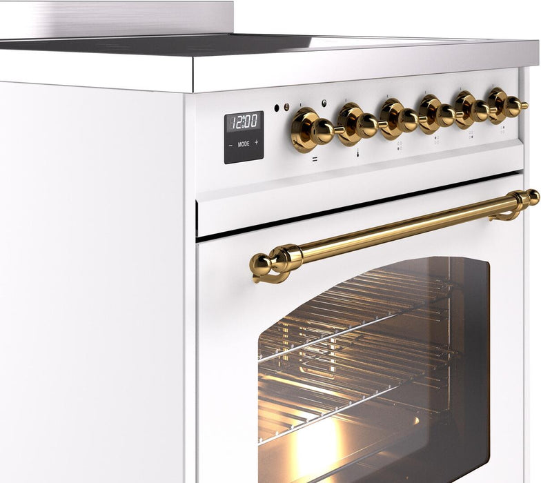 ILVE Nostalgie II 30" Induction Range with Element Stove and Electric Oven in White with Brass Trim, UPI304NMPWHG