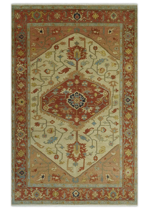 5.4x8 Hand Knotted Rust, Beige and Peach Traditional Turkish Knot Heriz wool area Rug