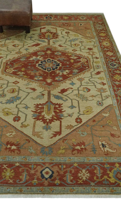 5.4x8 Hand Knotted Rust, Beige and Peach Traditional Turkish Knot Heriz wool area Rug