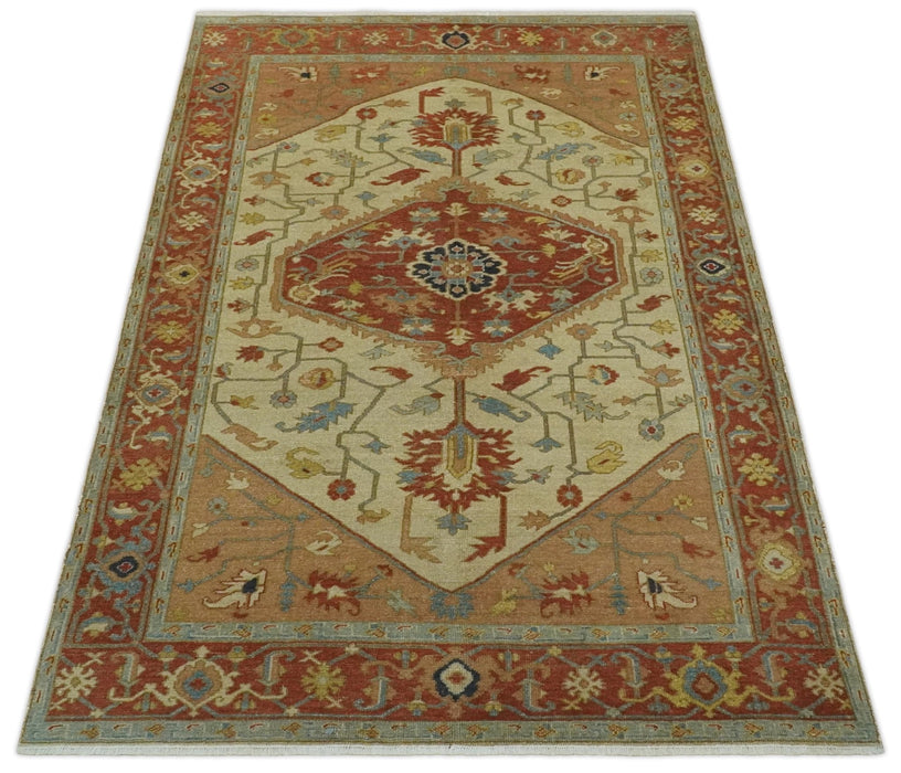 5.4x8 Hand Knotted Rust, Beige and Peach Traditional Turkish Knot Heriz wool area Rug