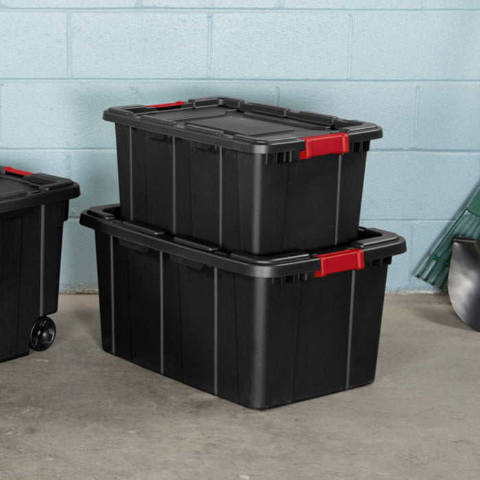 Sterilite 27 Gallon Durable Rugged Industrial Tote w/Red Latches, Black (8 Pack)