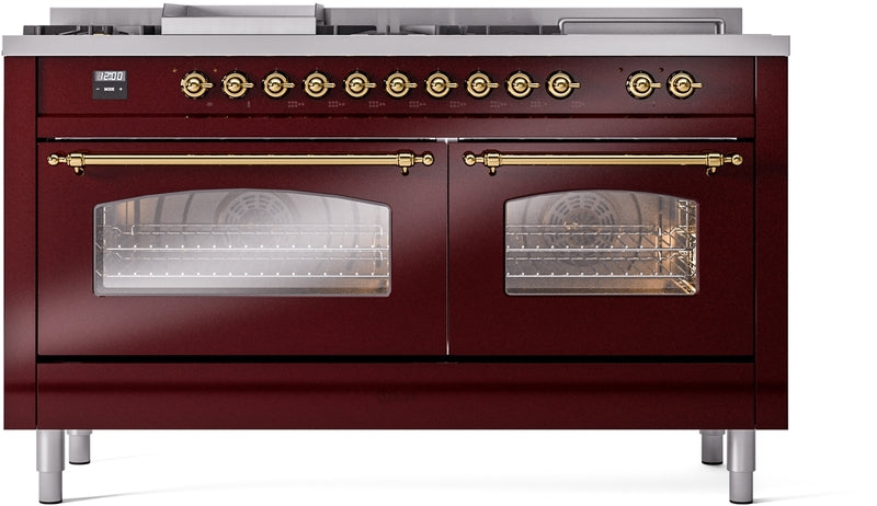 ILVE Nostalgie II 60" Dual Fuel Natural Gas Range in Burgundy with Brass Trim, UP60FSNMPBUG