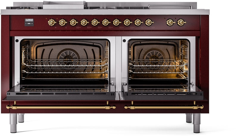 ILVE Nostalgie II 60" Dual Fuel Natural Gas Range in Burgundy with Brass Trim, UP60FSNMPBUG